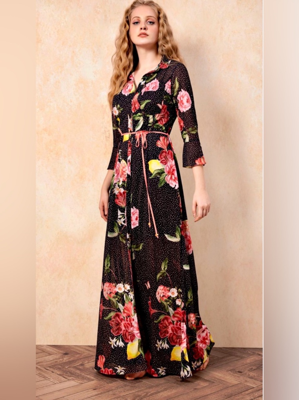 Antix Black Maxi Dress with Pink Rose & Yellow Fruit Print